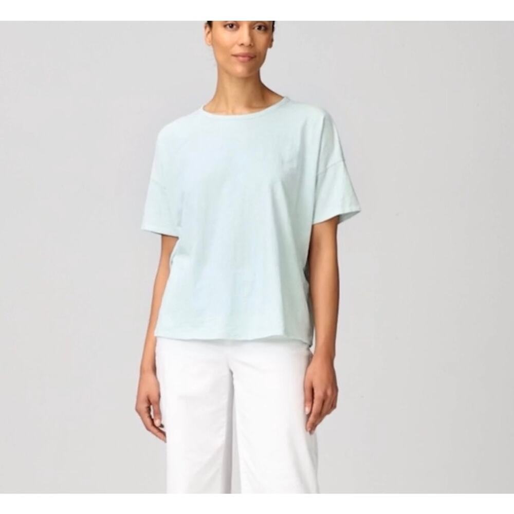 Eileen Fisher Light Blue Organic Cotton Slub Crewneck Short Sleeve Tee Sz L